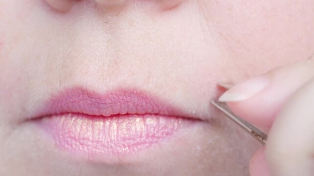 mature female lips, removes with metal tweezers excess facial hair, excessive hair growth, problem depilation on face, hormonal disorder during menopause