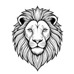 Fototapeta premium Detailed black and white line art illustration of a majestic lion's head with intricate mane and powerful gaze, showcasing strength and nobility.