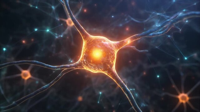 Glowing neuron cells with orange and blue connections on dark backgrou