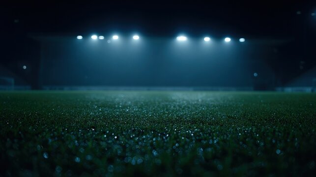 midfield. Nighttime football field with dew reflecting stadium lights. event key visuals, club posters, designed for fitness apps and gym onboarding, used by fitness trainers, supports training.