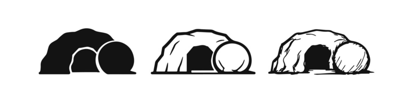 Empty tomb icon set, Jesus resurrection symbol, Easter grave vector illustrations in various styles