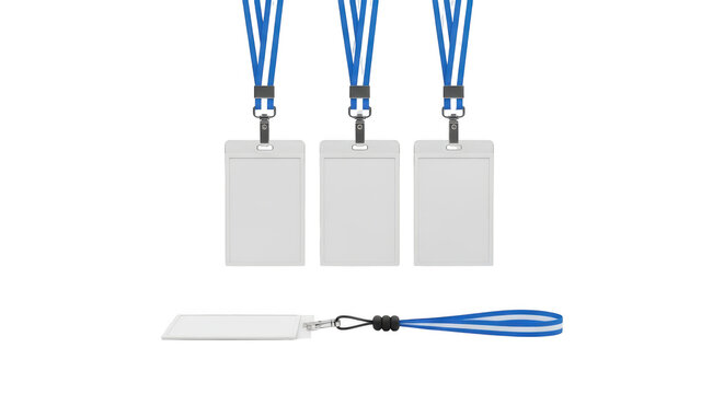 Three blank id cards on blue lanyards isolated on transparent background