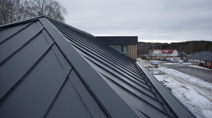 Fototapeta premium Modern residential roofing with dark gray metal panels, showcasing contemporary architectural design in a suburban winter landscape under a cloudy sky