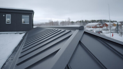 Obraz premium Modern Metal Roof Architecture in Winter Landscape: Contemporary Building with Durable Gray Roofing Panels and Snow-Covered Surroundings