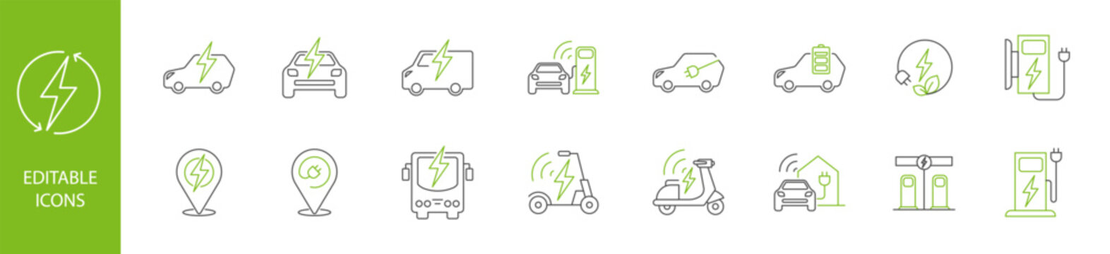 Electric transport line icons featuring EV car, scooter, bus, and charging station with editable stroke