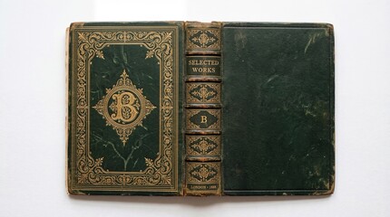 Fototapeta premium An antique dark green leather bound book with intricate gold leaf filigree and ornate lettering
