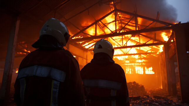 Two fire professionals observe a blazing structure, silhouetted against intense flames and smoke, portraying danger and emergency response at night