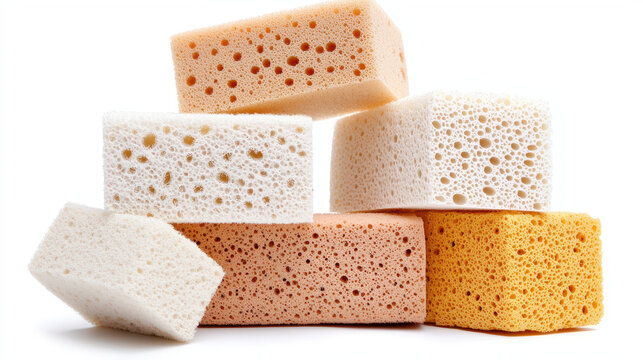 High resolution image of colorful sponges stacked together, showcasing various textures and colors, ideal for cleaning and household use