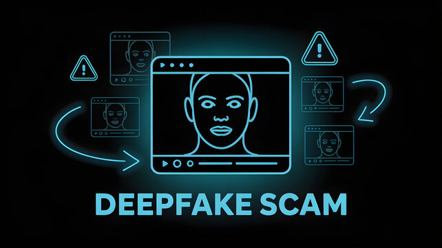 Deepfake Scam Alert: A stark digital illustration highlights the deceptive nature of deepfake technology, cautioning against potential fraud and misinformation within a digital realm.