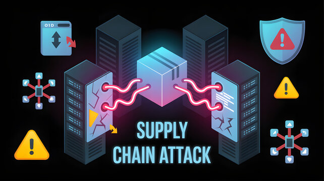 Supply Chain Attack Illustration: A conceptual illustration depicting a supply chain attack, highlighting vulnerability, data breach, and network security threats. 