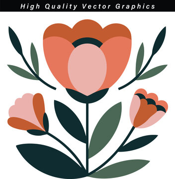 A colorful flower graphic with leaves and stems Vector, illustration