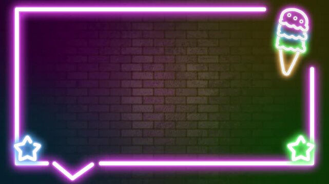 Colorful Neon Speech Bubble Frame with Ice Cream on Brick Wall Background Loop Animation