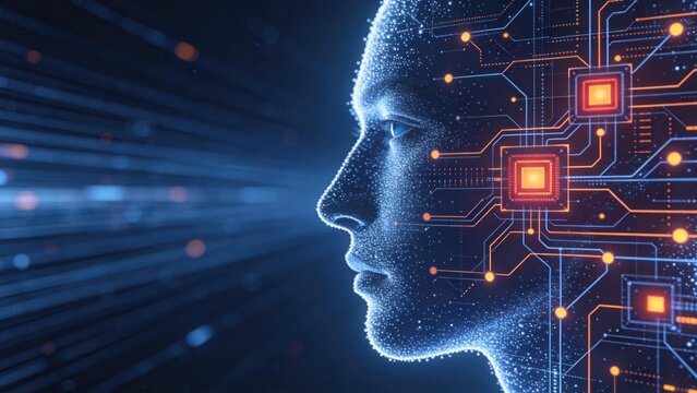 Futuristic AI human face profile with glowing neural circuit lines and processor nodes, idea for artificial intelligence, machine learning, digital thinking, and advanced computing technology