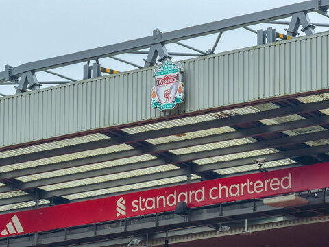 Inside the Liverpool Football Stadium at Anfield. Liverpool, UK.