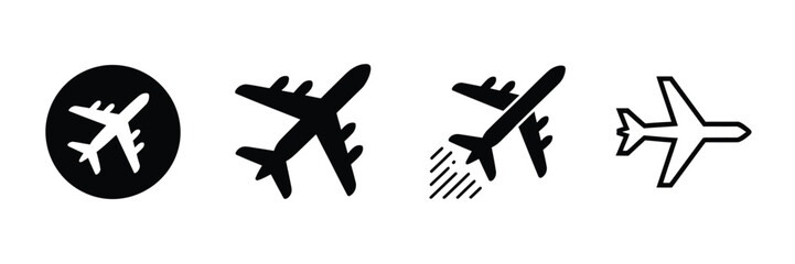 Airplane icon takeoff logo, black pictogram set vector with plane take off flying silhouette shape graphic, simple plain clipart symbol for airport airline jet circle sign. © Mdrezaul