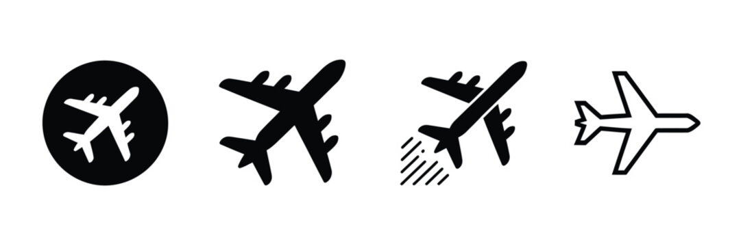 Airplane icon takeoff logo, black pictogram set vector with plane take off flying silhouette shape graphic, simple plain clipart symbol for airport airline jet circle sign.