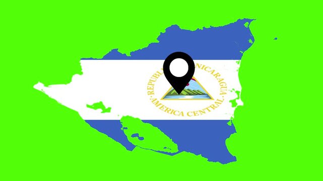 Nicaragua's Geographical Marker: A stylized map of Nicaragua is centrally marked by a location pin, its vibrant colors contrasting against a green backdrop. This image embodies geographical precision.