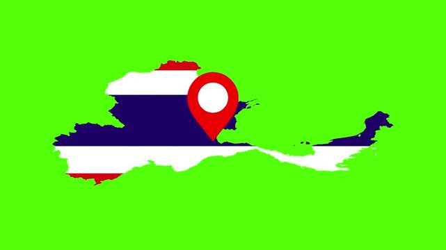 Thailand location map with pin: The national flag beautifully painted onto the map of Thailand, pinpointing the exact location with a modern pin and creating a patriotic and informative visual. 