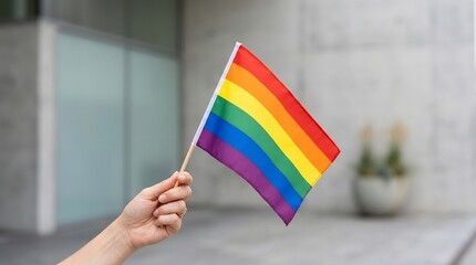 Fototapeta premium Hand holding a rainbow pride flag with six colors against a blurred modern building background