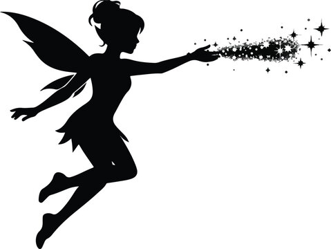 Magical Fairy Silhouette Flying and Spreading Pixie Dust Sparkles