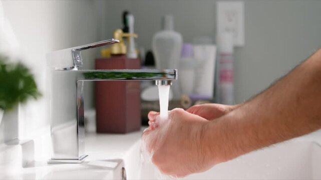 Macro close-up: man thoroughly washes hands under running tap water with rich soap foam in modern bathroom. Hygiene, germ protection and daily skincare routine, slow motion 4K.