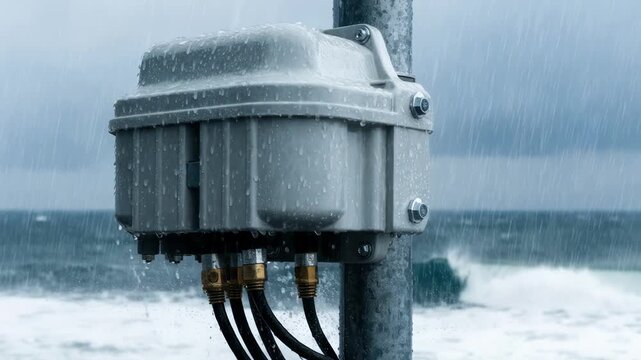 Medium shot of grey weatherproof junction box fastened on a metal pole foreground in focus with satellite cable connectors protected from harsh elements.