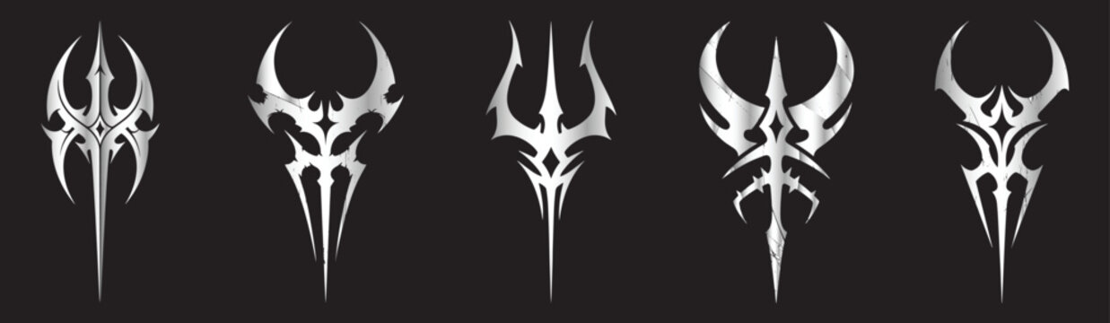 Collection of intricate tribal art designs collection, cyber sigilism for streetwear design, stickers, on white bakground.