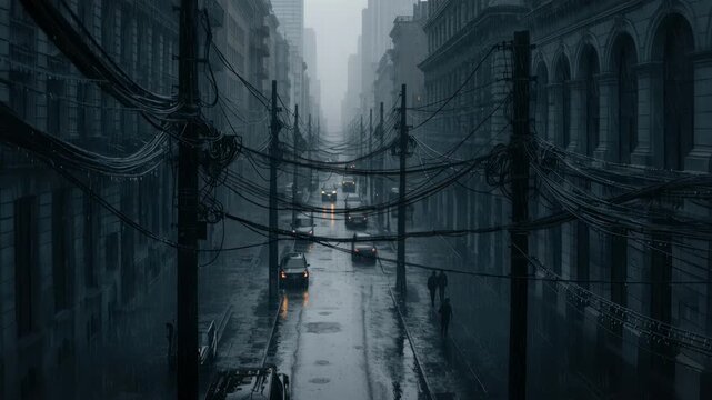 Overhead urban cable lines weaving between street poles in a commercial district the background cityscape hazy and indistinct.