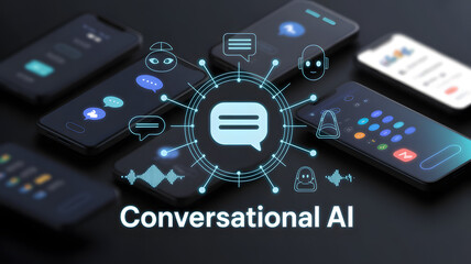 Fototapeta premium Conversational AI: Modern mobile phones surround a central conversational bubble icon, representing the dynamic exchange between human users and intelligent AI systems.