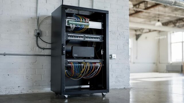 Medium shot of an indoor telecom cabinet in a modern startup loft focusing on a compact rack with a patch panel and modem amid industrialstyle decor.