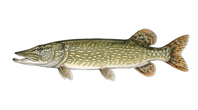 A detailed scientific illustration of a northern pike fish shown from a side profile perspective