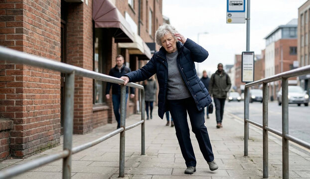 Elderly woman stumbling and losing her balance while walking on a city sidewalk.