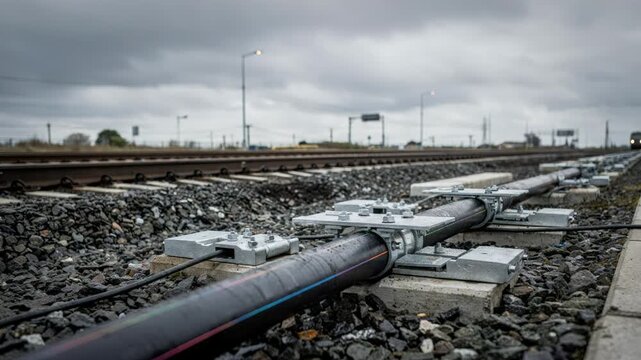Medium shot of a railway corridor featuring a longdistance fiber optic cable running parallel to the train tracks under an overcast sky emphasizing infrastructure detail with