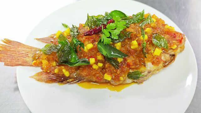Deep-fried fish with sweet and spicy chili sauce (Pla Rad Prik) in a white plate.