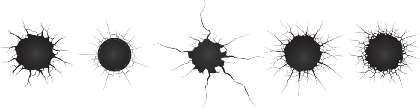 Cracked destroyed wall silhouette collection, different shapes, break of wall, cracked hall on white background.