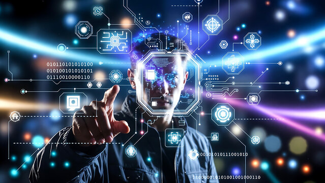 Man interacting with a futuristic, high-tech interface, creating a striking scene where human and technology converge.
