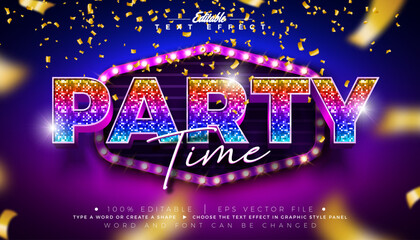 Party Time Musical Text Effect Design Editable Vector Graphic Style Effect with Disco Ball Pattern and Light Bulb Frame Billboard. Editable Typography Lettering on Falling Gold Confetti Background © articular