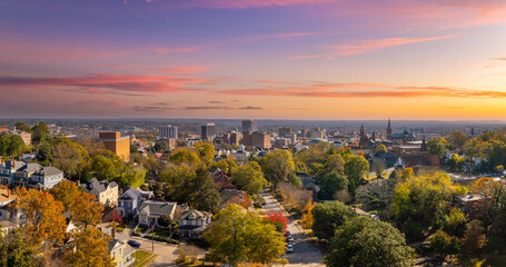 Old historic city architecture in Southern USA. View from above of streets of Macon, Georgia in fall season. © bilanol