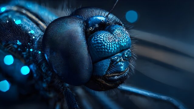Extreme Macro of Blue Metallic Dragonfly Head with Detailed Compound Eyes and Bokeh Background