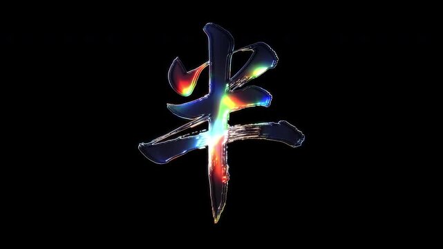 A brush-painted Kanji "半" shimmering with various colored lights on a glass-like surface with an alpha channel. Seamless loop video.