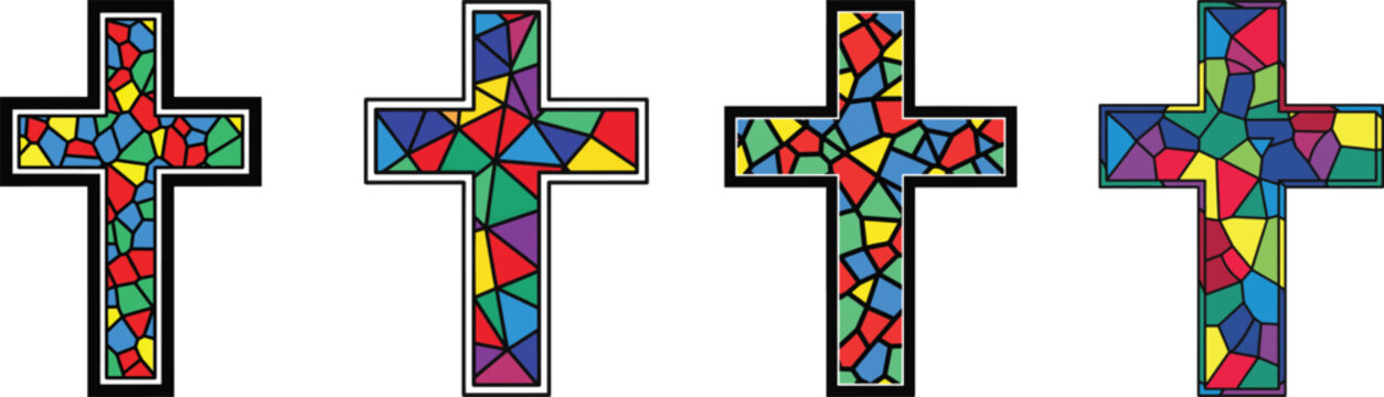 Interior stained-glass shard pattern style latin cross with thick border design collection, religious symbol on white background.