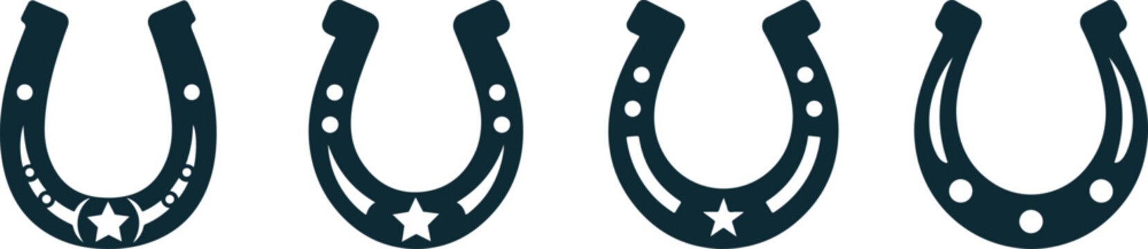 Horseshoe cups bold outline and small white circular holes line art collection, luck symbol horseshoe shapes, clean geometric lines, evoking a sense of luck or a western theme on white background.