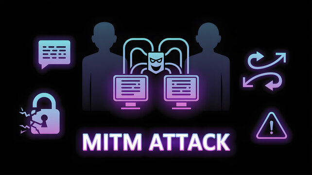MitM Attack Conceptual Illustration: An illustration depicting a man-in-the-middle attack with silhouette figures, computer screens, and security icons against a dark backdrop. 
