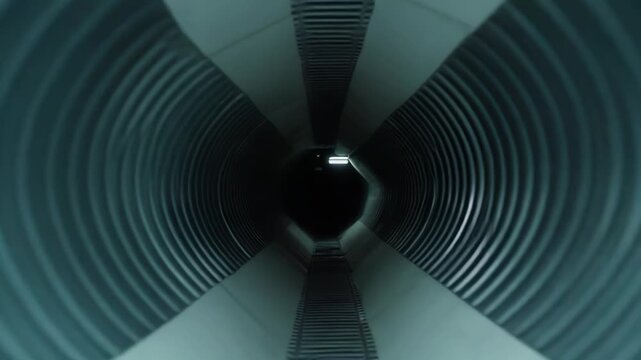 Industrial ribbed metal tunnel stretching into darkness toward a distant light, strong perspective and symmetry, corrugated texture suggesting futuristic industrial conduit and passage