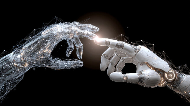 Connecting robot hands interface with digital network on black background