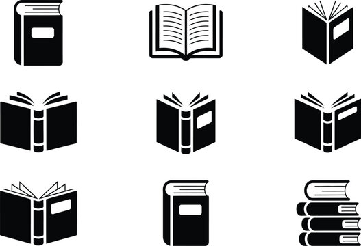 Collection of black book icons: closed books, open books, stacked books, representing knowledge, reading, and study, Reading Material