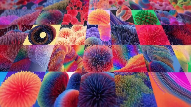 Focused middle distance of an illustrationbased image search gallery showing vibrant thumbnail tiles filters fading gently out of focus.