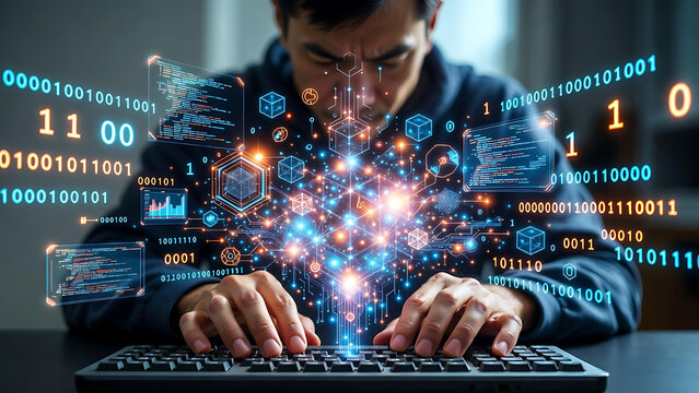 An IT expert delves into a complex digital realm, focused on writing code. Abstract light patterns and binary code surround the person, illustrating the dynamic flow of data. 
