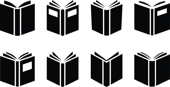 Set of eight black open and closed book icons, simple silhouette design on white background for learning, reading, or library concepts