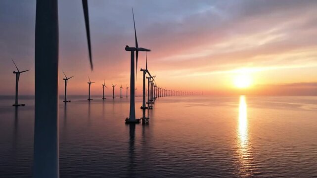 Ultra-realistic 4K aerial drone footage of a massive offshore wind farm at golden hour, endless rows of wind turbines stretching across calm ocean waters, soft orange sunlight reflecting on blades